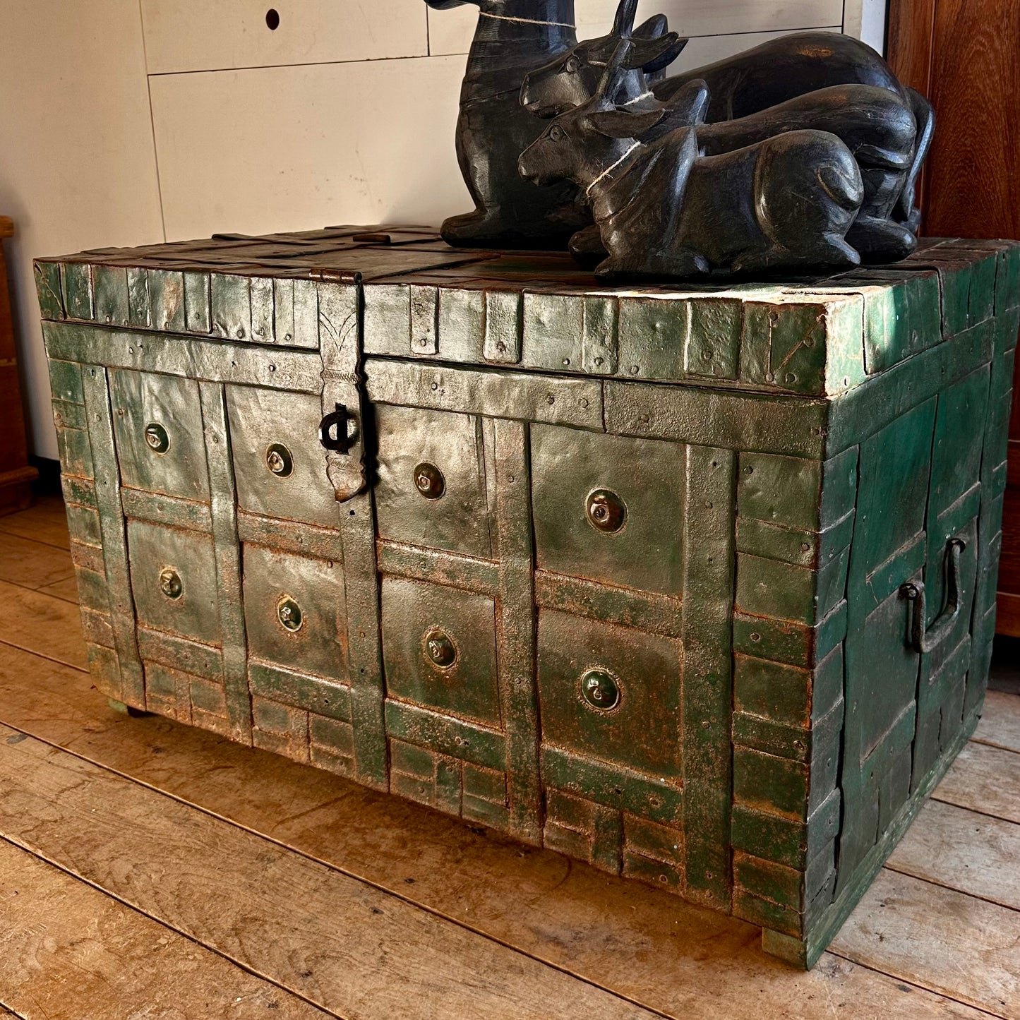 Vintage Iron and Timber Chest - Antique Green