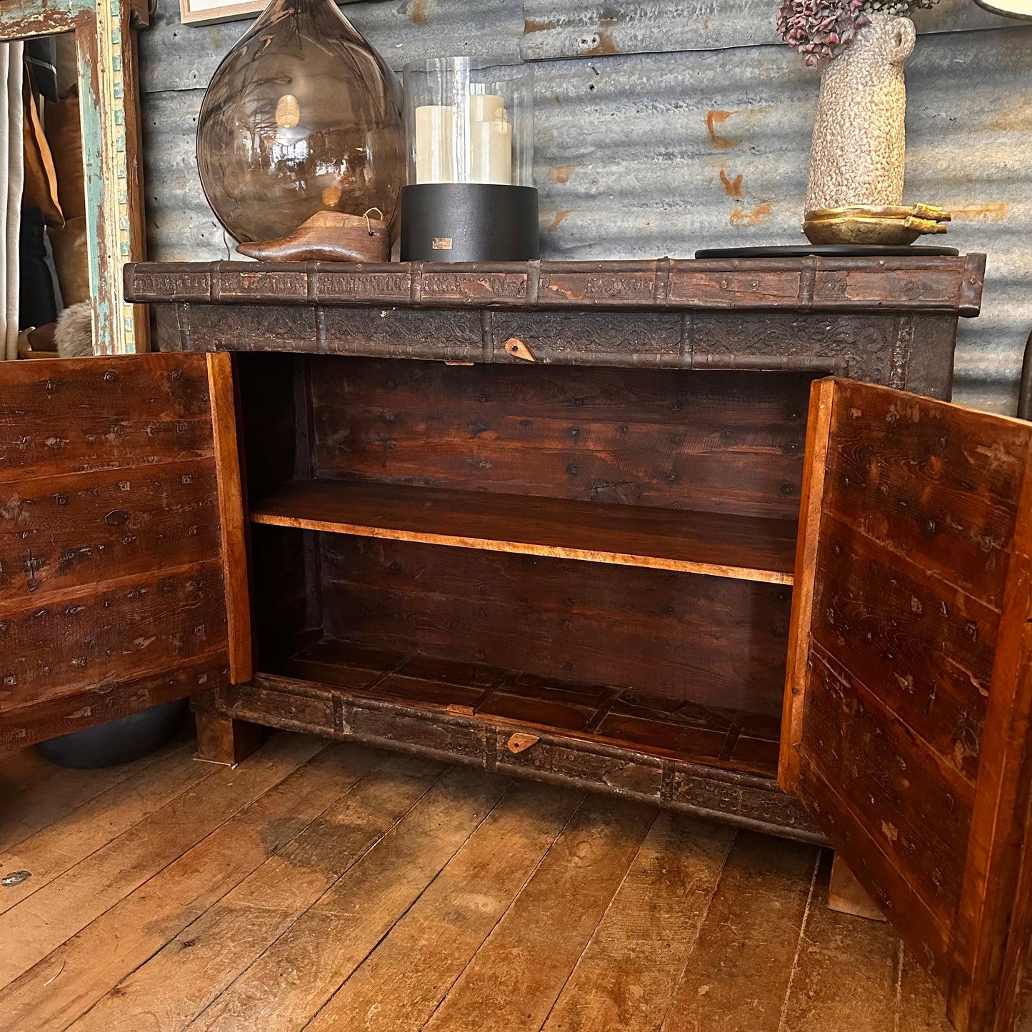 Vintage 2 Door Teak Cabinet with Iron Detailing