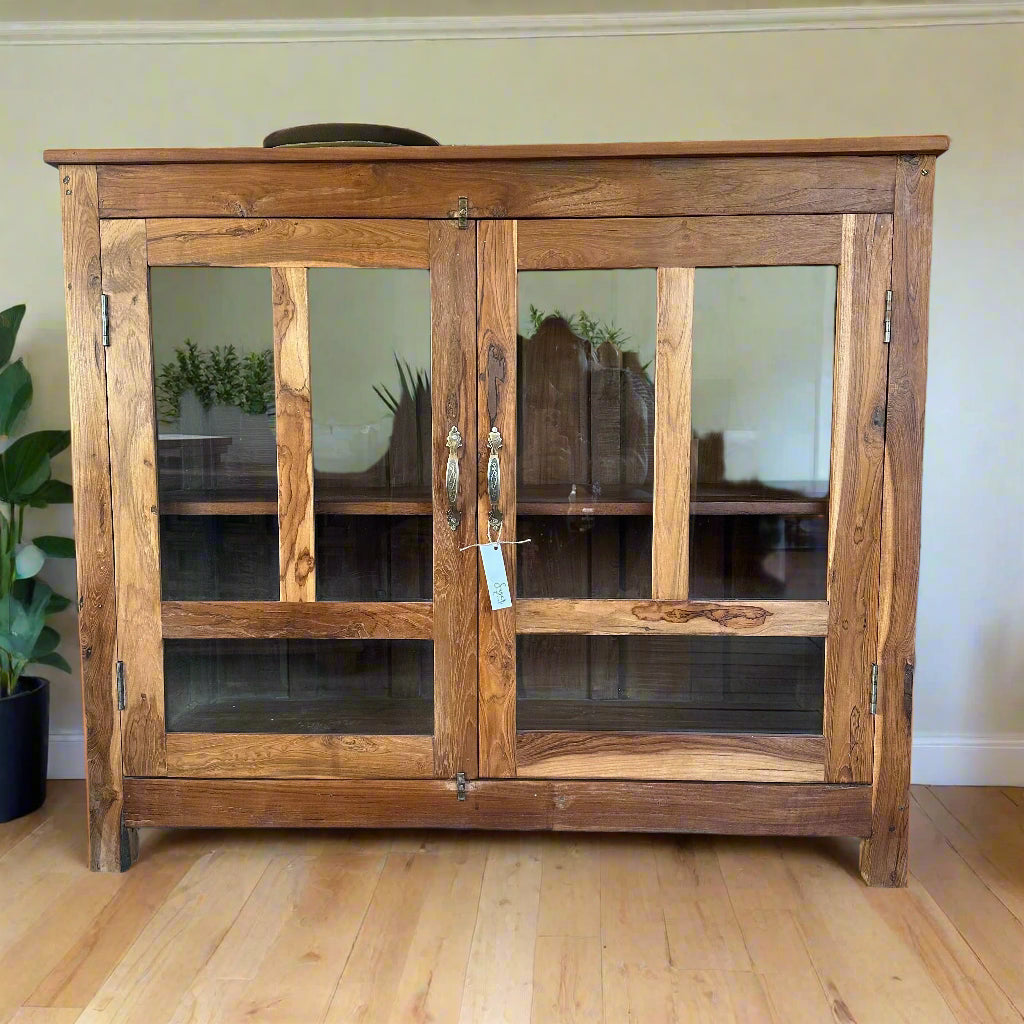 2 Glass Door Vintage Teak Cabinet