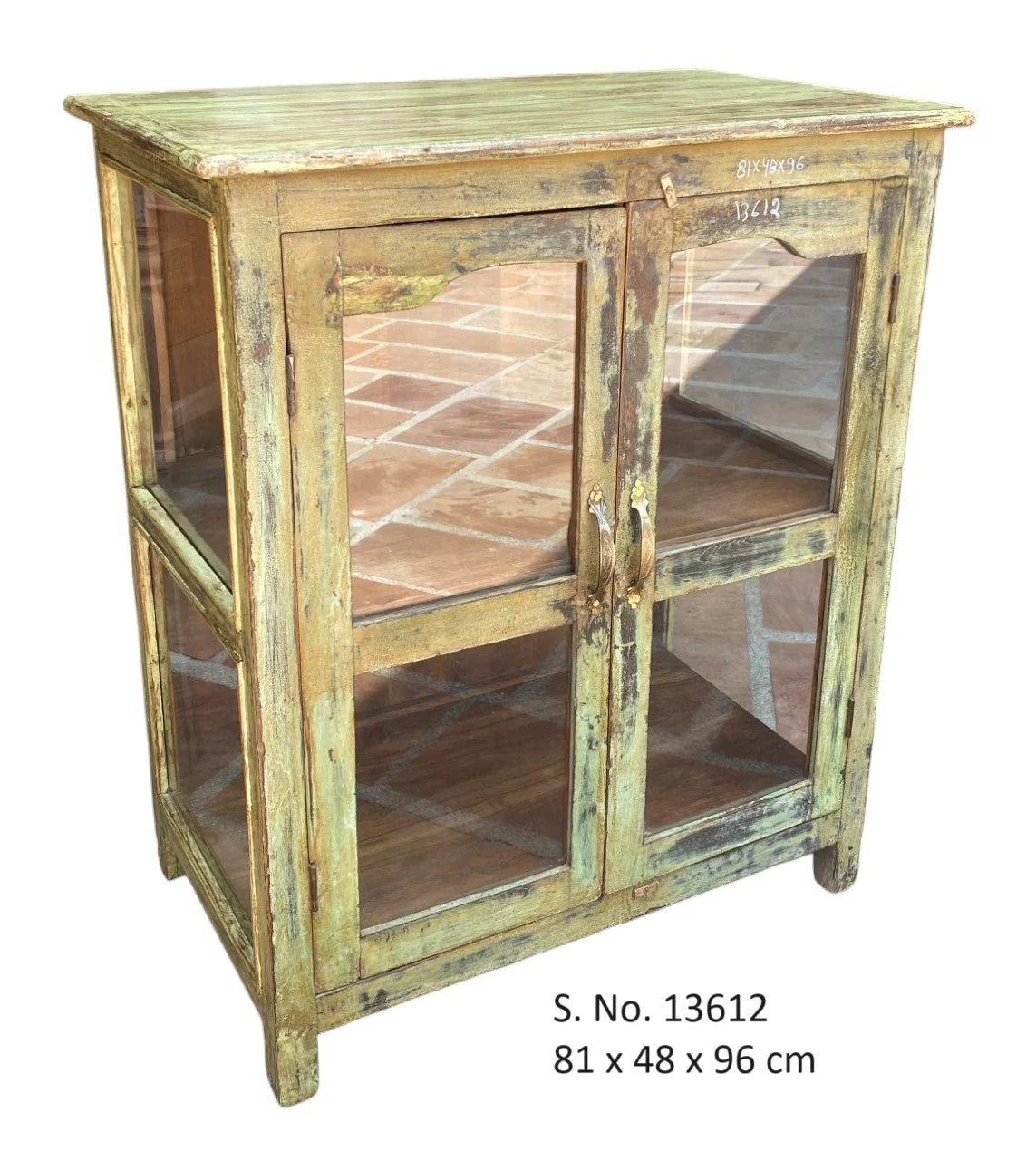 Vintage 2 Door Teak & Glass Cabinet - washed green