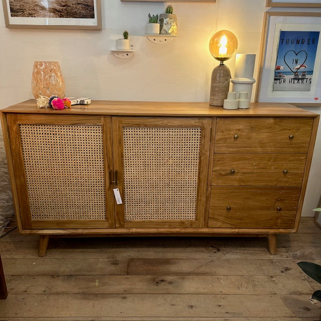 Teak 2 Door Cabinet with Rattan Inlay Doors and 3 Drawers - 1500mm wide