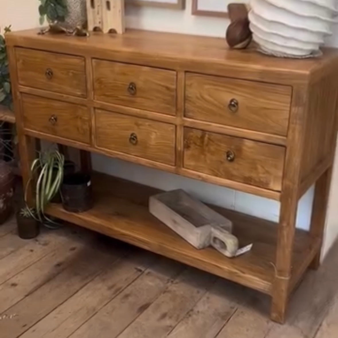 Teak 6 Drawer Console with Low Shelf - 1200mm wide