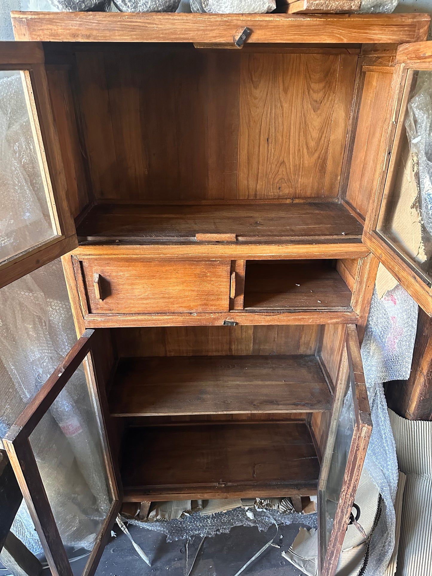 Vintage 4 Door Teak & Glass Cabinet + Centre Slider Cubby