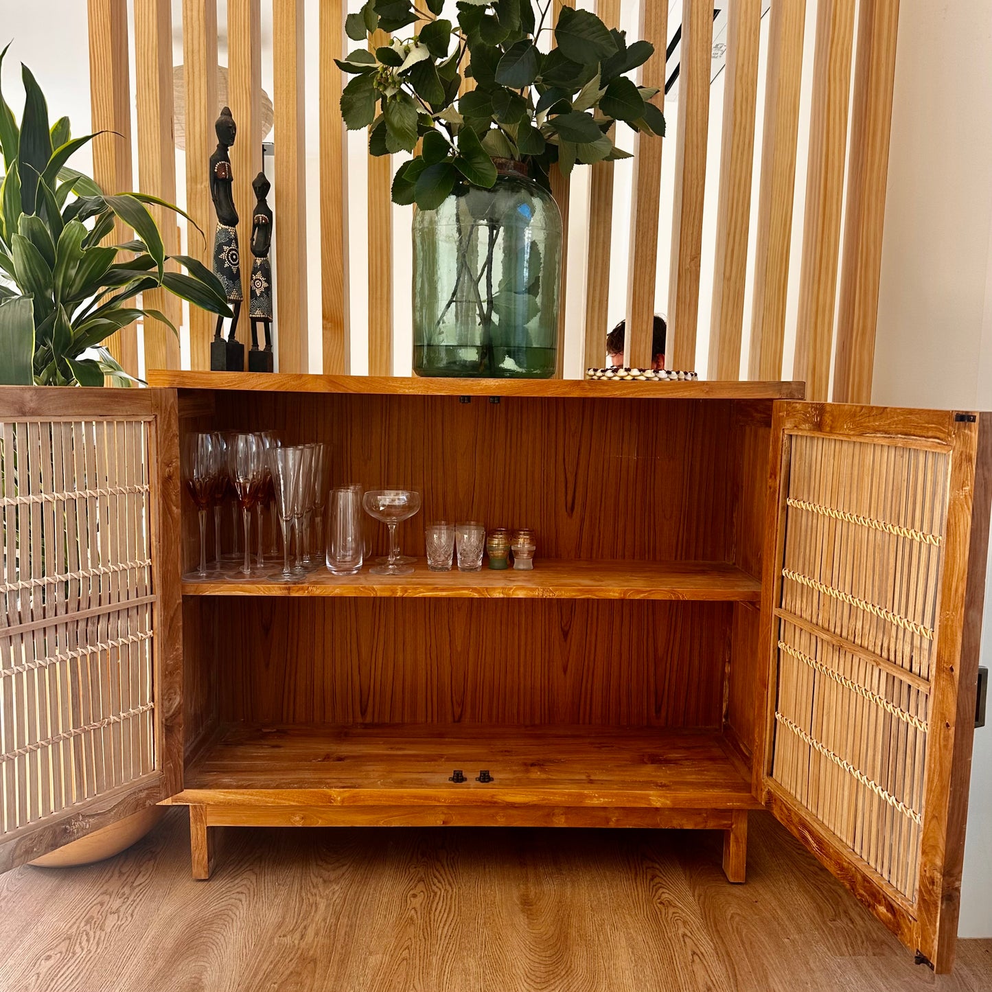 Solid Teak 2 Door Cabinet - bamboo inlay
