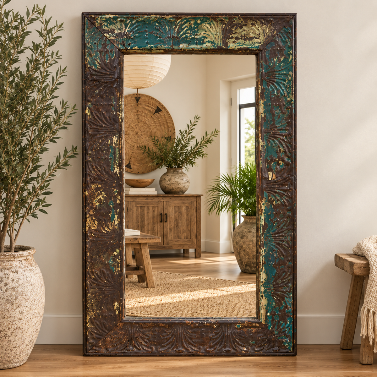 Vintage Pressed Iron & Timber  Mirror - floor or wall