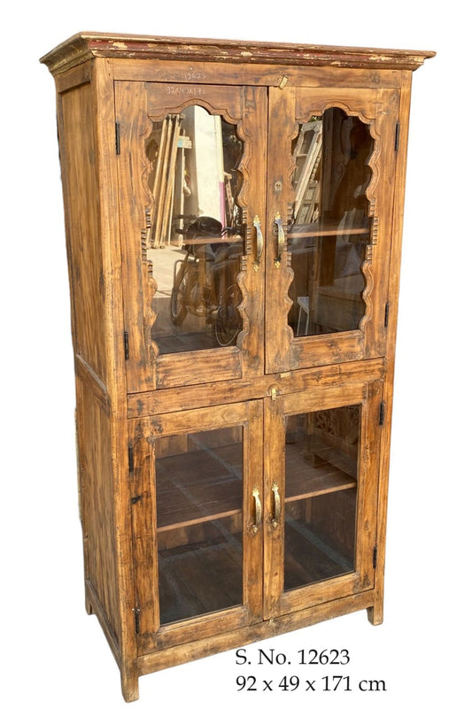 Vintage 4 Door Tall Teak & Glass Cabinet - scalloped detailing