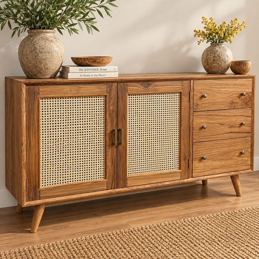 Teak 2 Door Cabinet with Rattan Inlay and 3 Drawers  - 1500mm wide