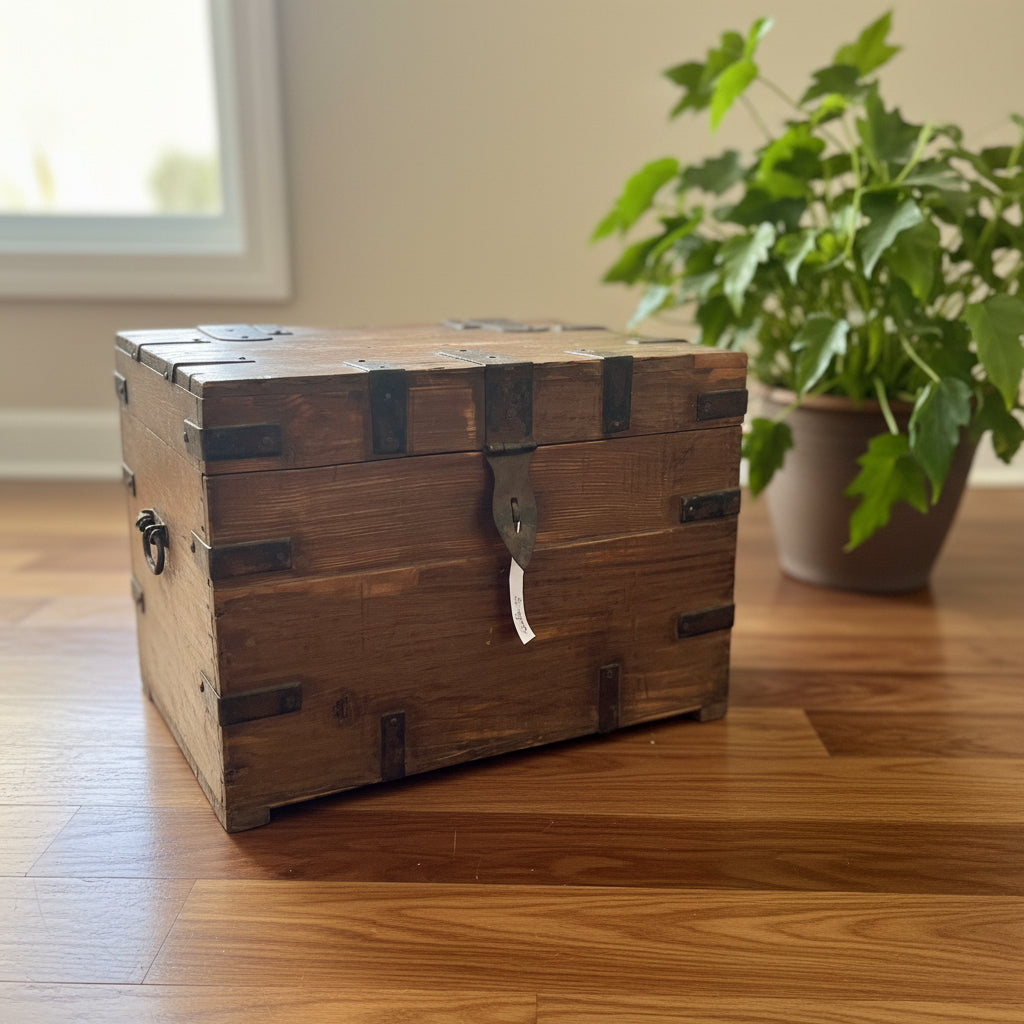 Wooden trunk with metal clasps on a white background