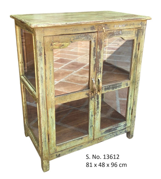 Vintage 2 Door Teak & Glass Cabinet - washed green