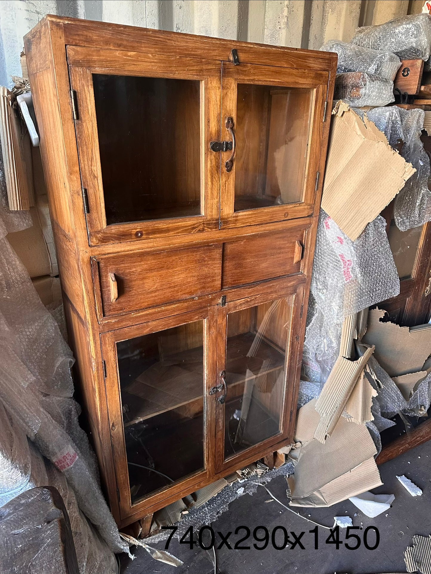 Vintage 4 Door Teak & Glass Cabinet + Centre Slider Cubby