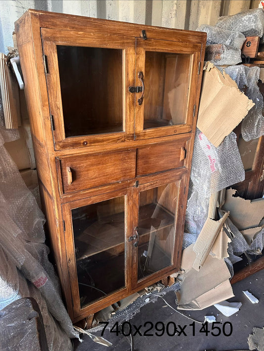 Vintage 4 Door Teak & Glass Cabinet + Centre Slider Cubby