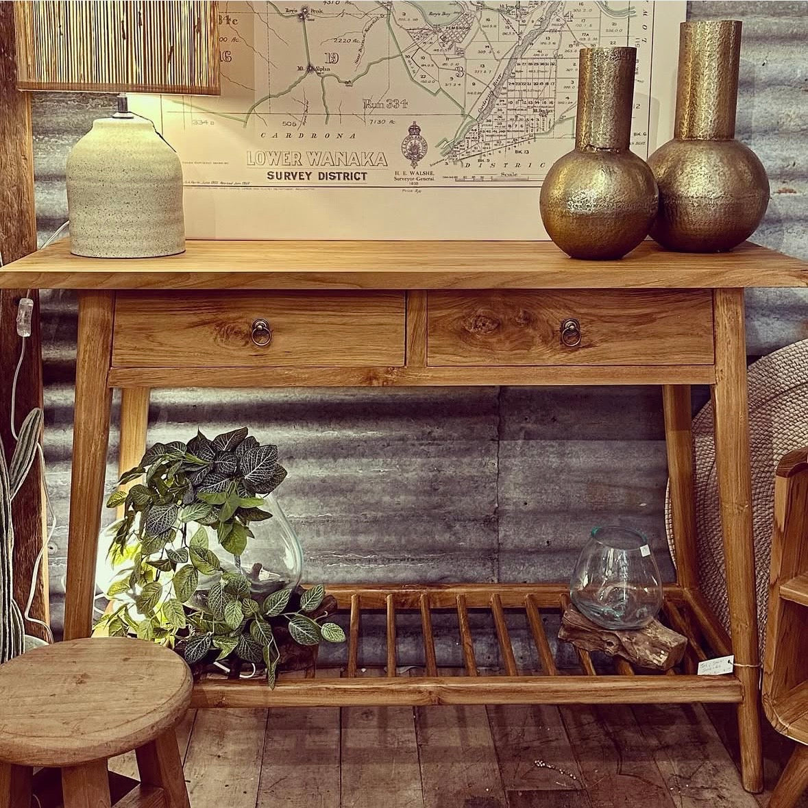 Teak 2 Drawer Console with Rack Shelf