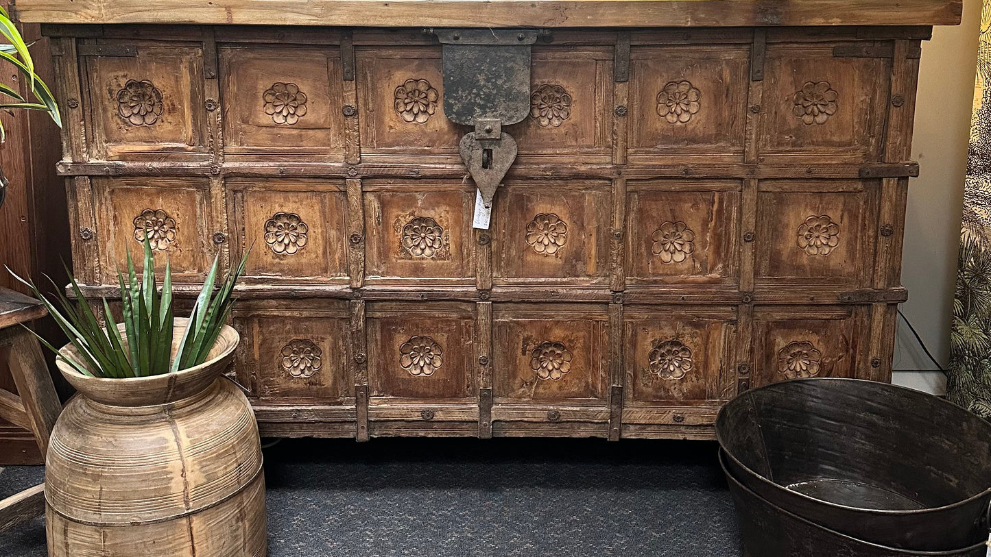 Vintage Teak Pitara/Chest Console 1540mm wide - Carved Detail