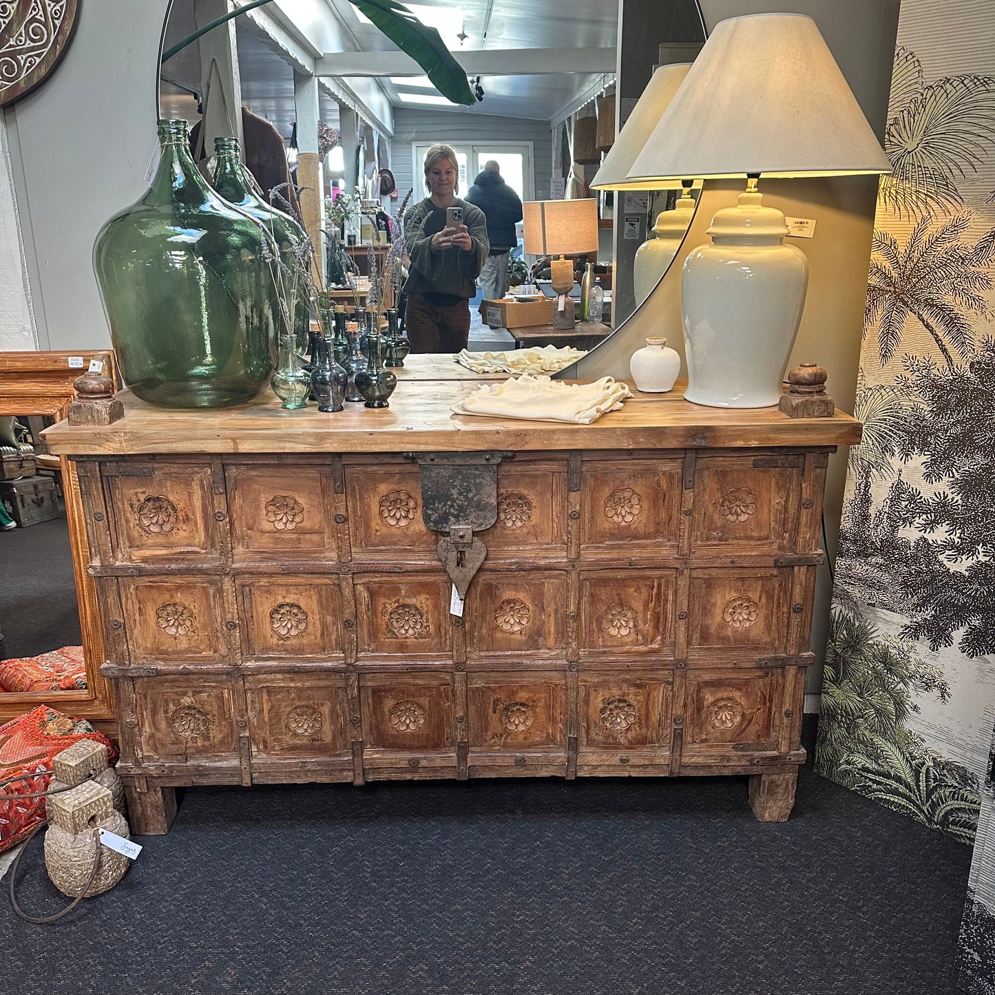 Vintage Teak Pitara/Chest Console 1540mm wide - Carved Detail