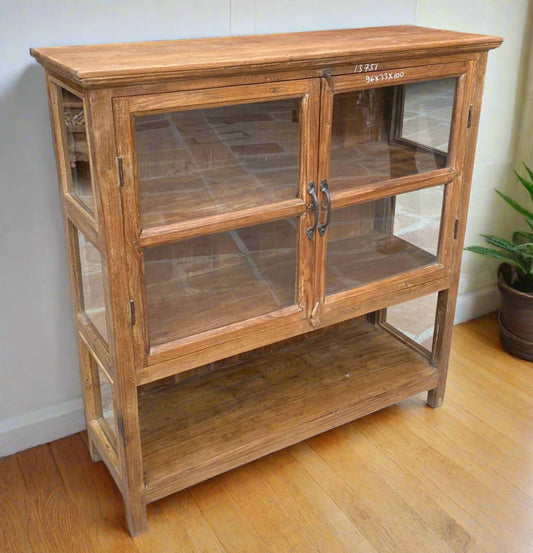 Vintage 2 Door Teak & Glass Cabinet - Low Shelf