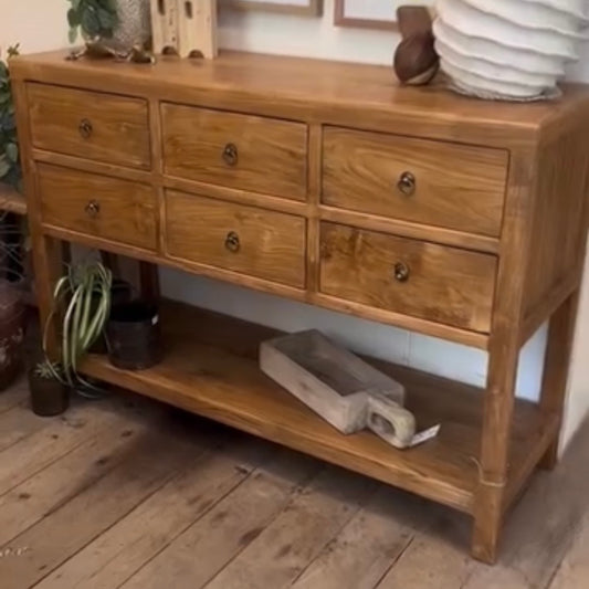 Teak 6 Drawer Console with Low Shelf - 1200mm wide