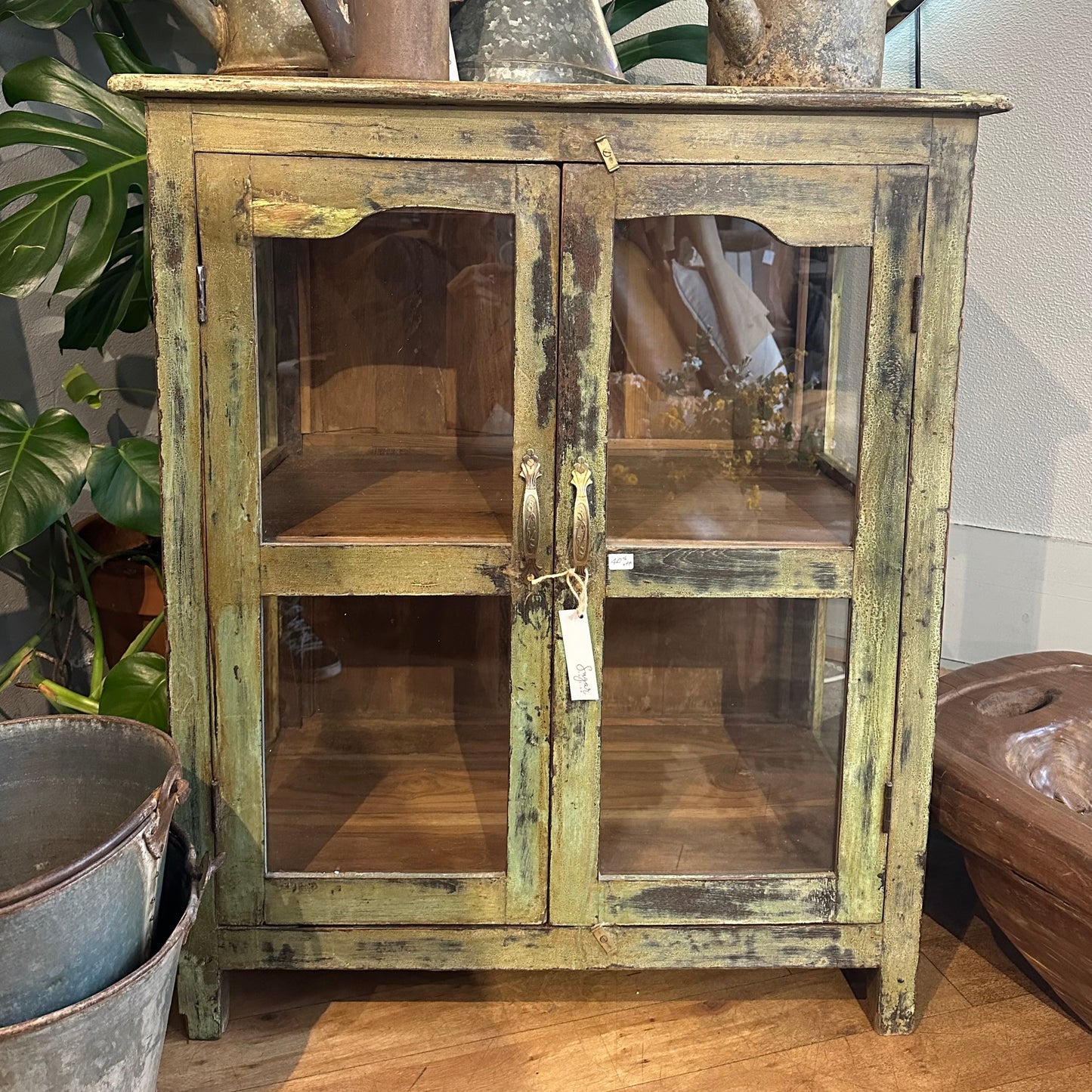 Vintage 2 Door Teak & Glass Cabinet - washed green