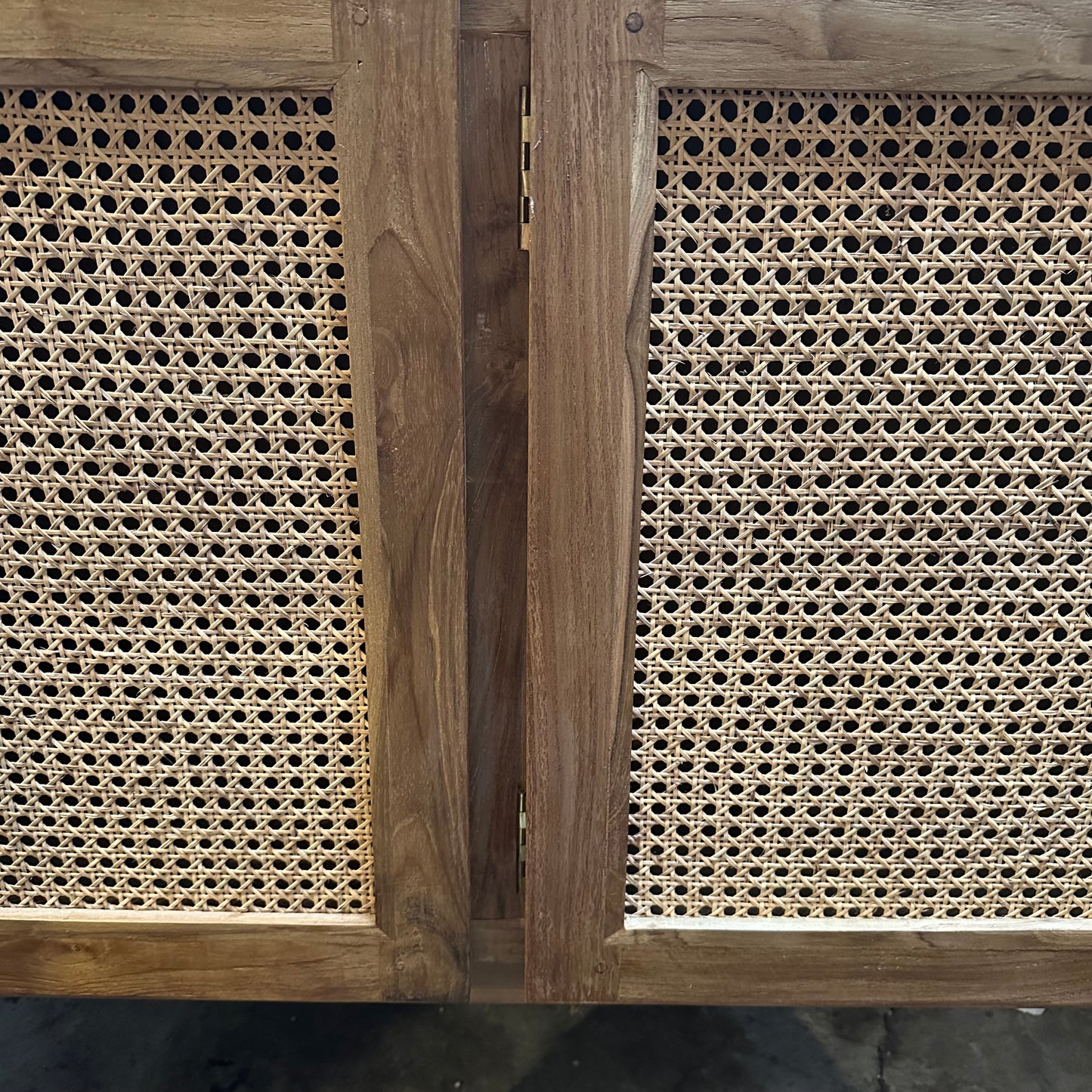 Teak and Rattan 3 Door Cabinet with Cubby