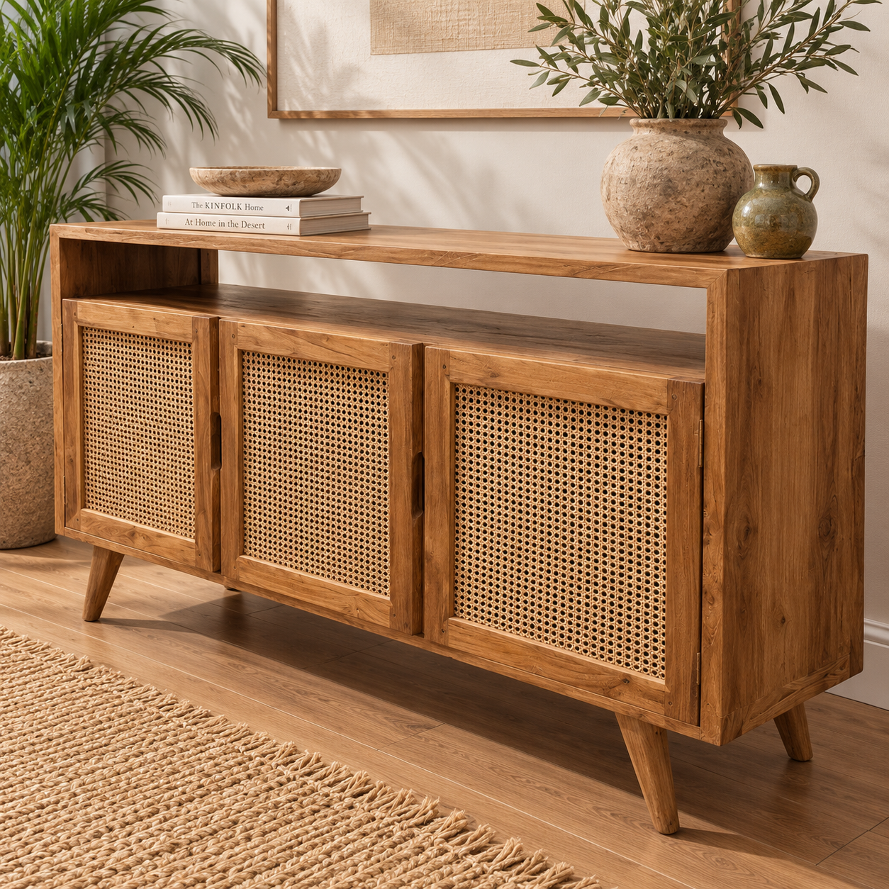 Teak and Rattan 3 Door Cabinet with Cubby