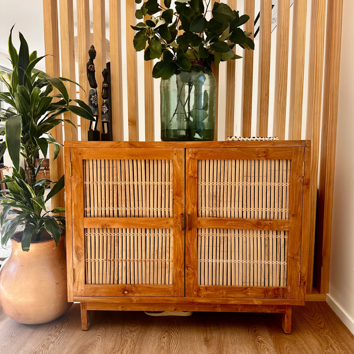 Solid Teak 2 Door Cabinet - bamboo inlay