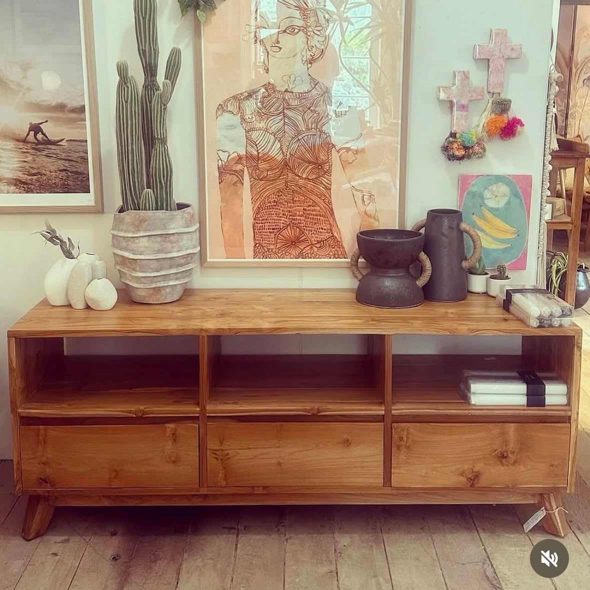 Teak 3 Door Cabinet with Rattan Inlay and Cubby Shelf - 1500mm wide