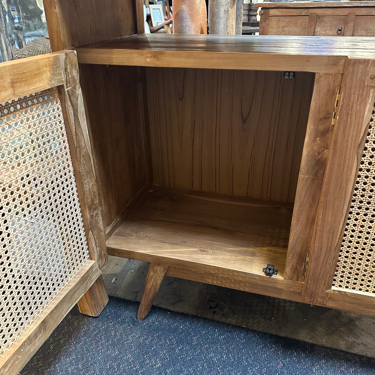 Teak and Rattan 3 Door Cabinet with Cubby