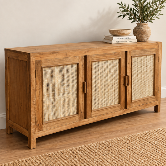 Rattan and Teak 3 Door Cabinet