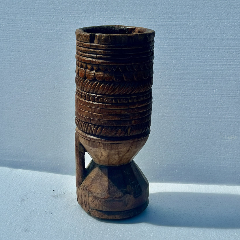 Vintage Indian Carved Teak Mortar - full carving + handle