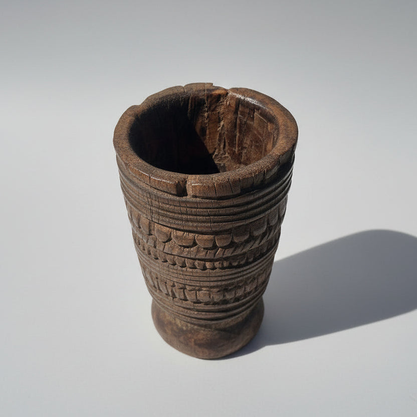 Vintage Indian Carved Teak Mortar - full carving + handle