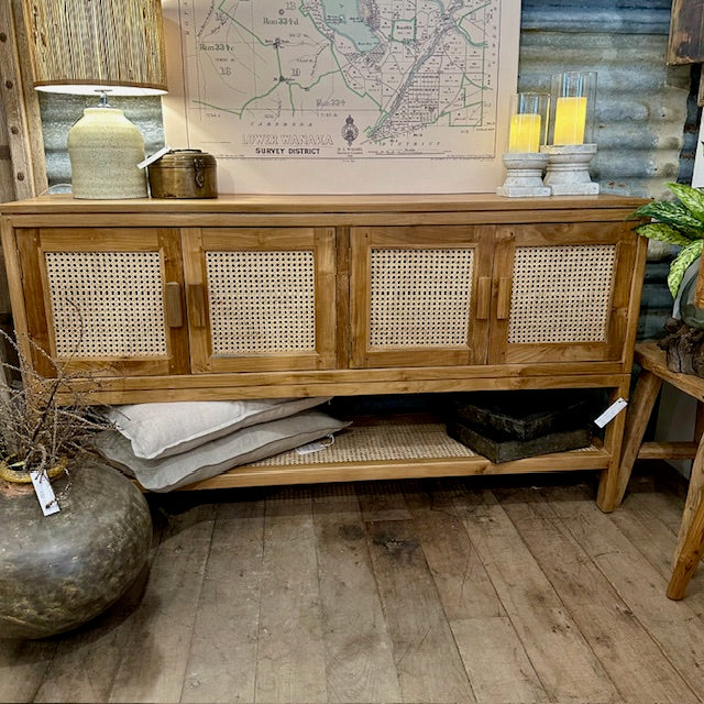 Teak & Rattan 4 Door Cabinet with Shelf - 1500mm wide