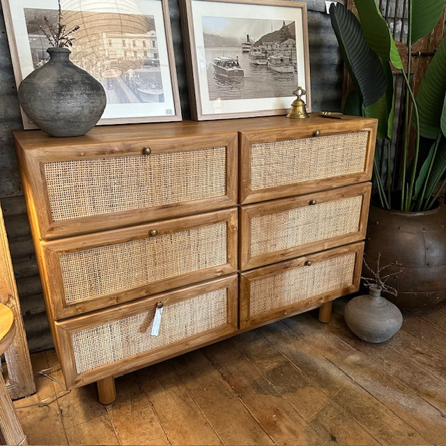 Teak Buffet with Six Rattan Inlay Drawers - 1200mm wide