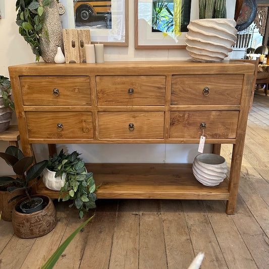 Teak 6 Drawer Console with Low Shelf - 1200mm wide