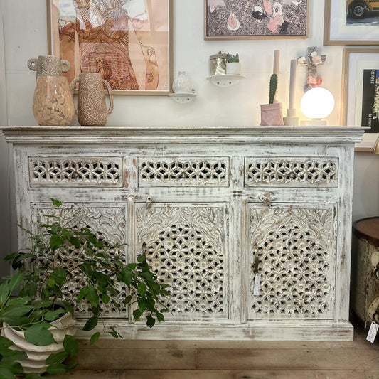 bohemian whitewash carved  sideboard