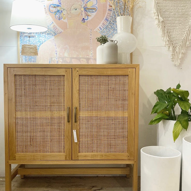 Teak and Rattan 2 Door Cabinet