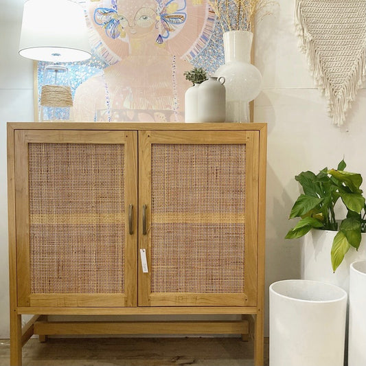 Teak and Rattan 2 Door Cabinet